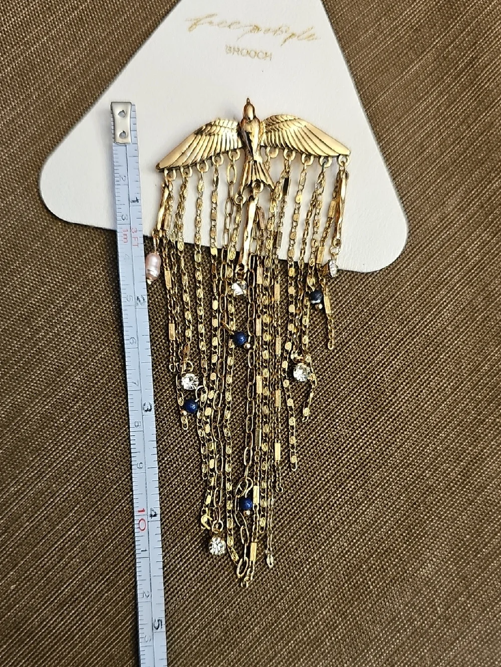 NWT Free People Cresta Dangle Bird Gold Winged Fringe Brooch Blue Clear Accents
